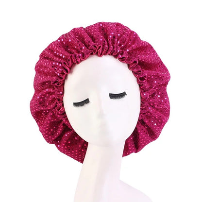 Sequinned Adjustable Double Layered Satin Silk Bonnet Caps