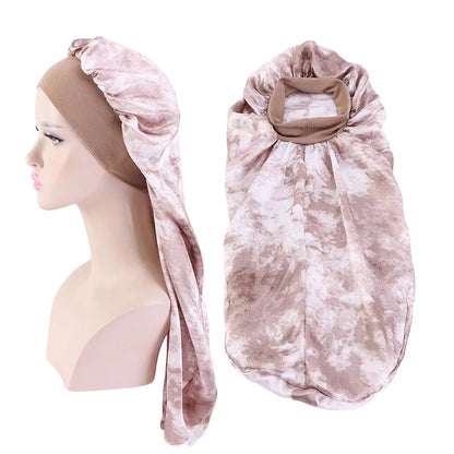 Tie Dyed Satin Silk Single Layered Long Bonnet Caps For Braids And Long