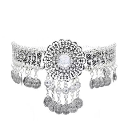 Bohemian Tribal Ethnic Rhinestone Tassels Coins Statement Choker Necklace