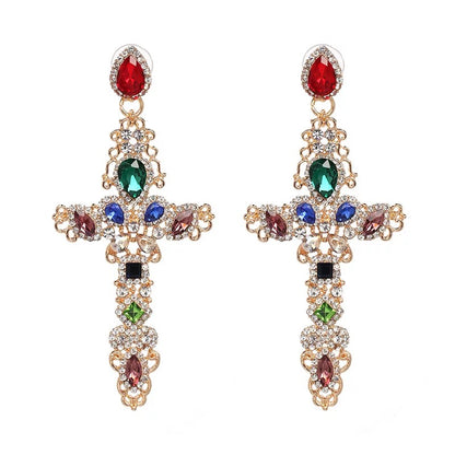 Multicolour Crystal Sparkling Rhinestone Diamante Cross Statement Earrings