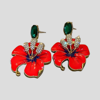 Gorgeous Red Flower Design Metal Rhinestone Statement Dangle Earrings