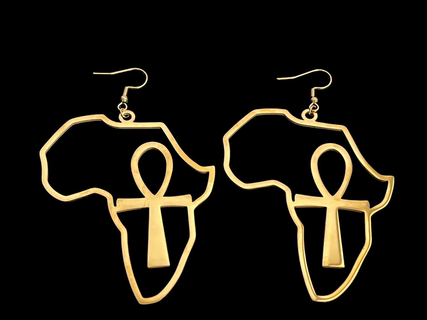 Large Africa Map Shaped Ankh Key Dangle Statement Earrings
