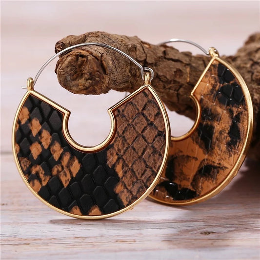 Vintage Leather Snake Leopard Dangle Earrings