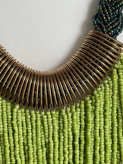 Authentic Green African Beaded Tribal Ethnic Fringe Tassel Brass Pendant