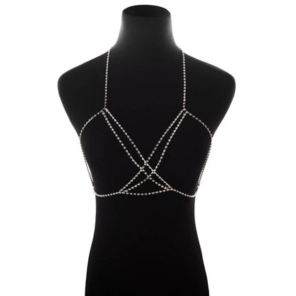 Crystal Rhinestone Double Layered Cross Bra Statement Body Chain Jewellery