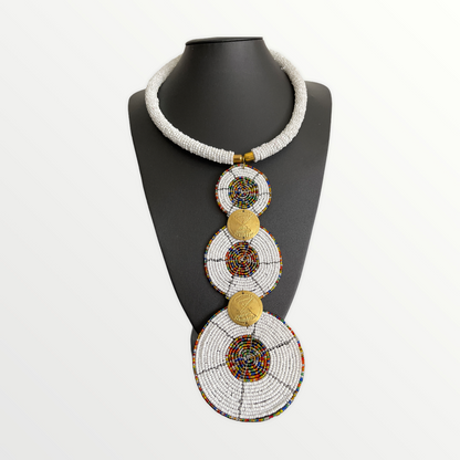 Authentic AfricanTribal Ethnic Fashion Beaded Disc Pendant Necklace