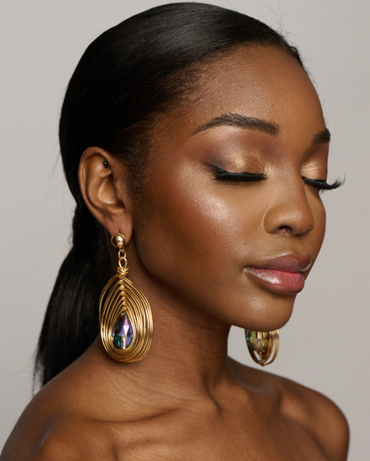 Gold Metal Wire Wrapped Crystal Statement Dangle Earrings