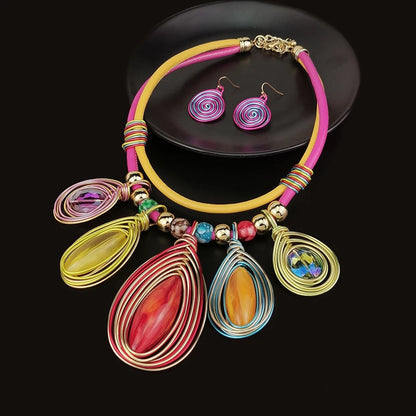 Bohemian Colourful Crystal Beads Twisted Wire Ethnic Statement Pendant Set