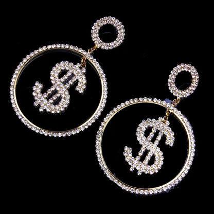 Dollar Sign Statement Diamante Rhinestone Dangle Earrings