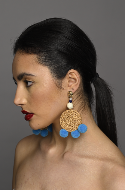 Straw Rattan Pom PomTassels Earrings