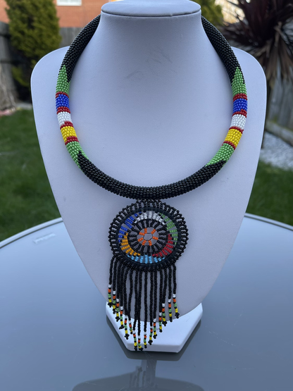 African Zulu Inspired Beaded Tassel Pendant Necklace