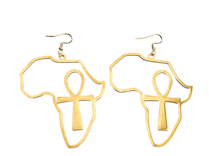 Large Africa Map Shaped Ankh Key Dangle Statement Earrings