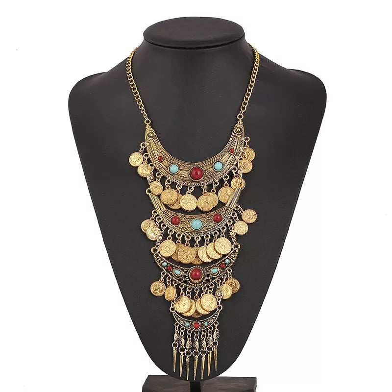 Boho Tribal Gypsy Indian Turkish Moroccan Native Inspired Style Coin Necklace