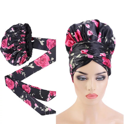 Large Floral Luxury Satin Silk Double Layered Headwraps Bonnet Caps