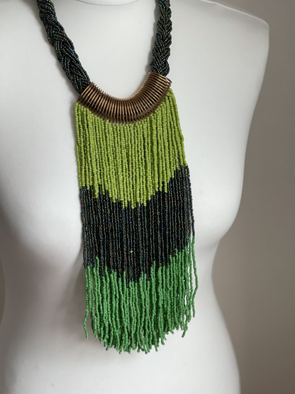Authentic Green African Beaded Tribal Ethnic Fringe Tassel Brass Pendant