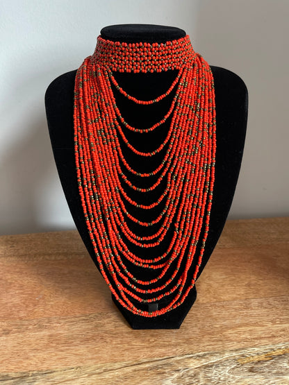 Authentic Orange Tribal African Ethnic Maasai Choker Necklace