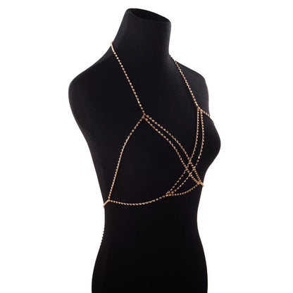 Crystal Rhinestone Double Layered Cross Bra Statement Body Chain Jewellery