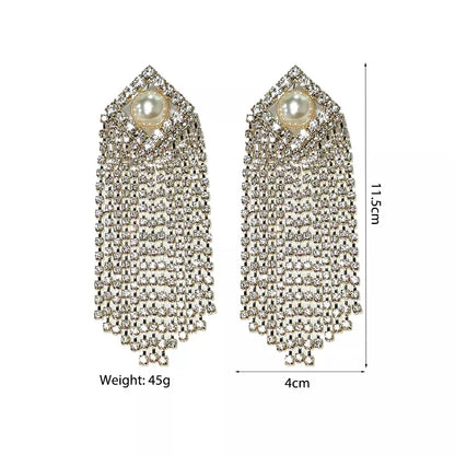 Glamorous Statement Diamante Rhinestone Faux Pearl Tassel Stud Earrings