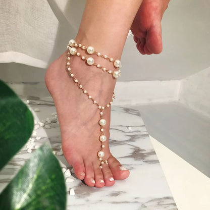 2 Pieces Multi Layered Bridal Faux Pearl Barefoot Sandals Toe Anklet Bracelets