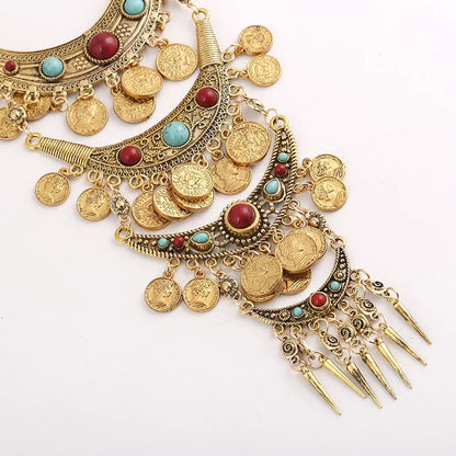Boho Tribal Gypsy Indian Turkish Moroccan Native Inspired Style Coin Necklace