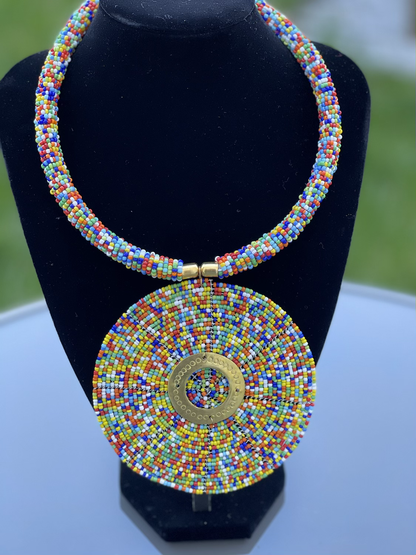 Multicoloured BeadedTribal Ethnic African Elegant Disc Pendant Necklaces
