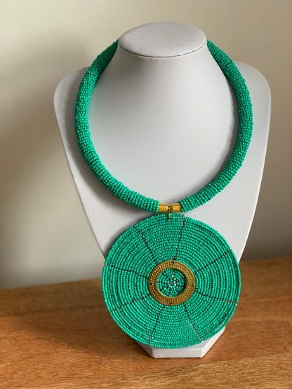 African Beaded Disc Pendant Necklaces