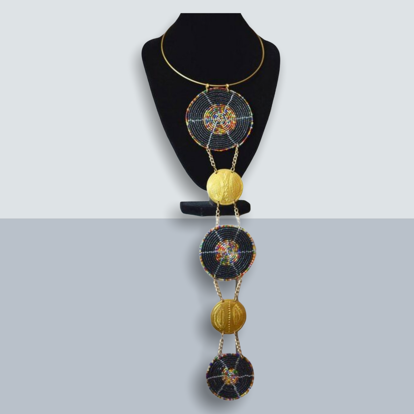 Long Elegant Authentic African Ethnic Tribal Beaded Disc Brass Pendant Necklaces