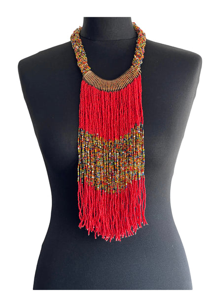 Authentic African Beaded Tribal Ethnic Fringe Tassel Brass Pendant Necklace