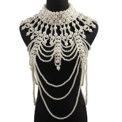 Boho Faux Pearls Shoulders Statement Tassel Chain Body Jewellery