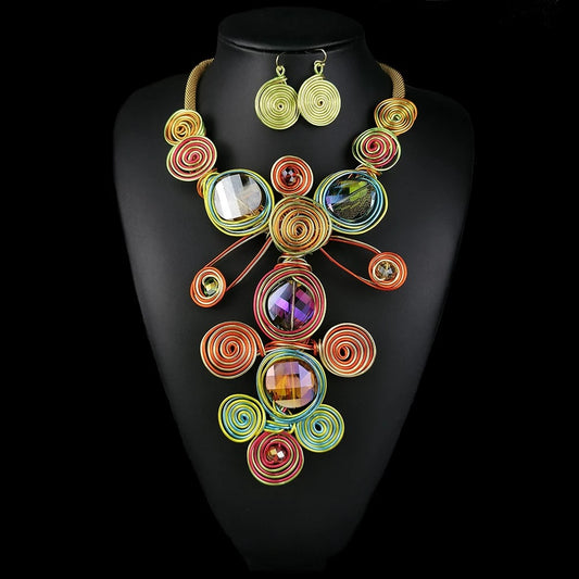 Bohemian Big Colourful Crystal Beads Twisted Wire Ethnic Statement Pendant S