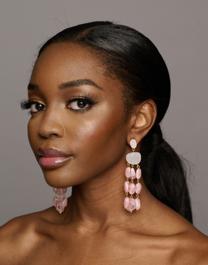 Long Pink Beaded Ethnic Statement Tassels Dangle Earrings