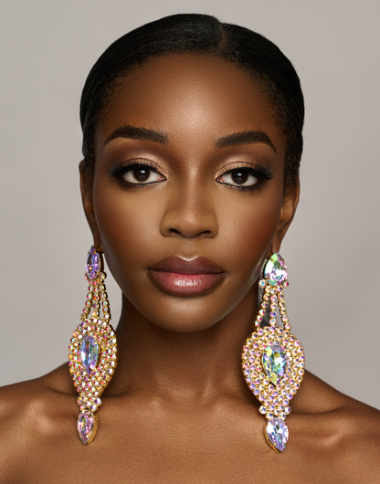 Long Elegant Glamorous AB Colour Diamante Rhinestones Statement Stud Earrings