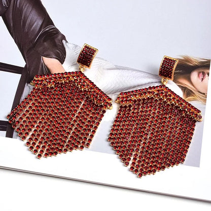 Glamorous Diamante Rhinestone Tassel Statement Earrings