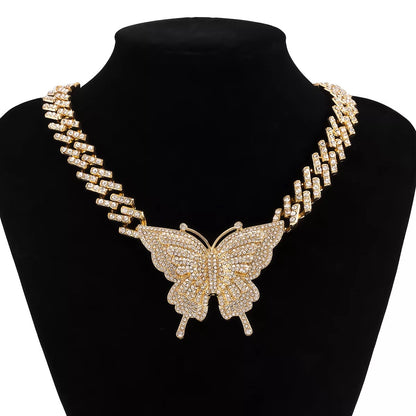 Elegant Rhinestone Cuban Butterfly Shaped Pendant Statement Necklace