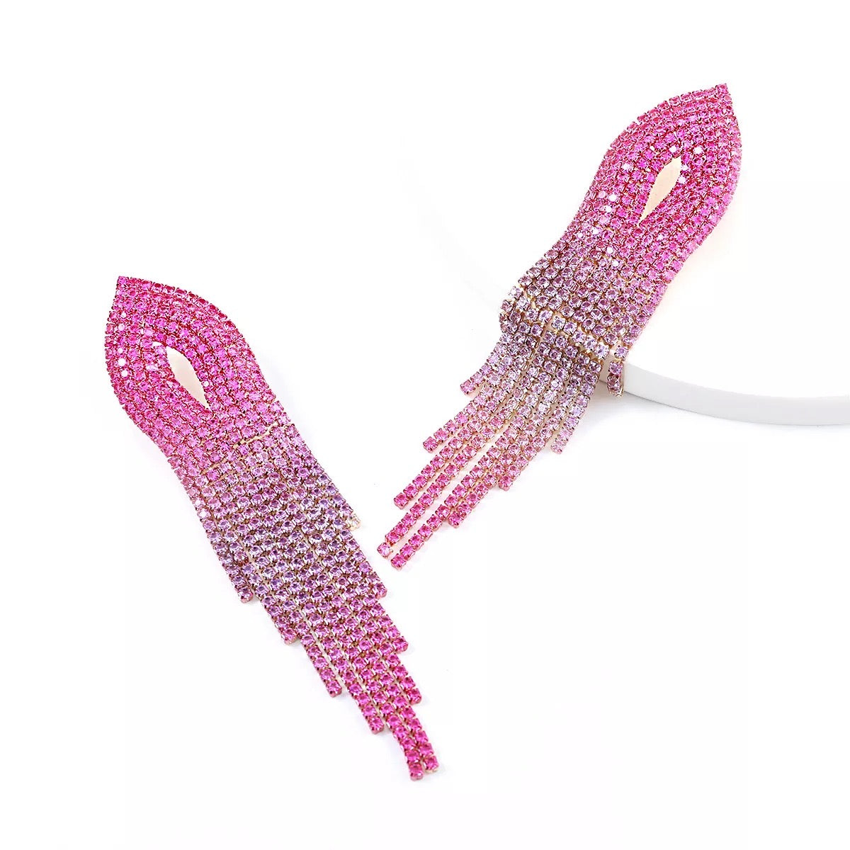 Elegant Pink Crystal Diamante Rhinestone Tassels Stud Earrings