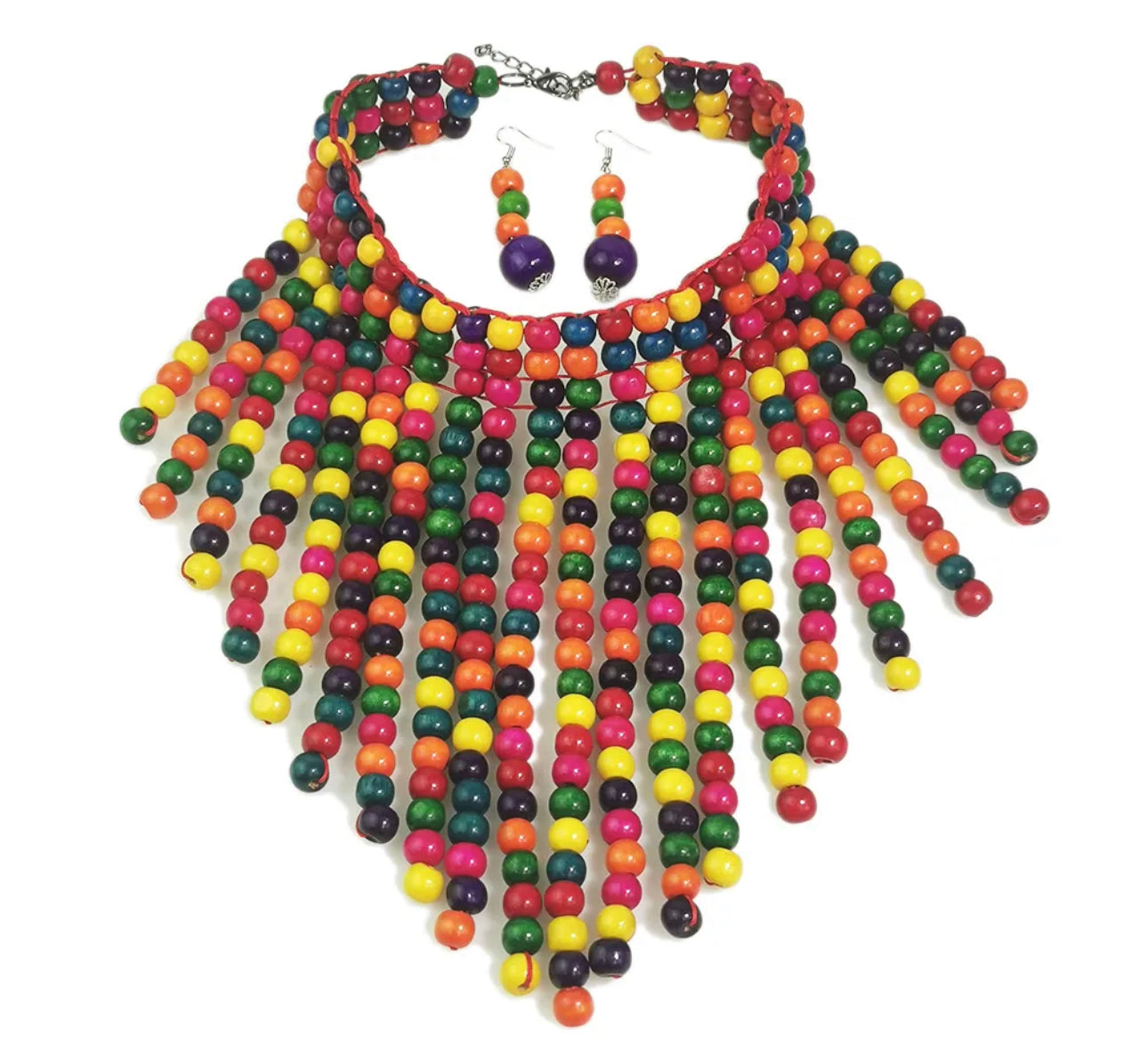 Bohemian Ethnic Wooden Beaded Tassels Choker Necklace Set