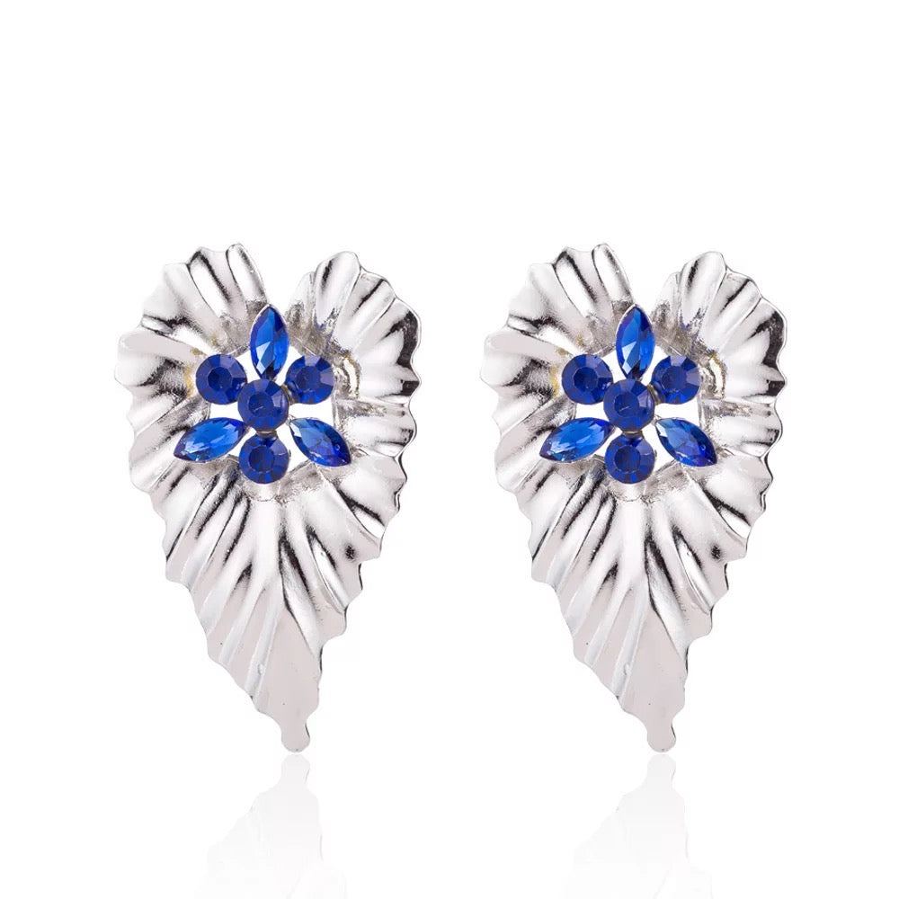 Gold Plated Leaf shaped Design Centred Rhinestone Stud Earrings