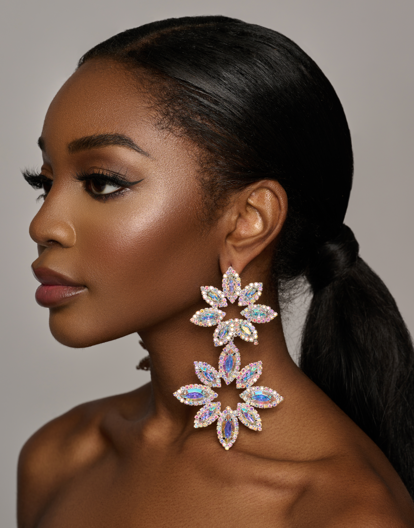Long Glamorous Diamante Rhinestone Flower Stud Earrings