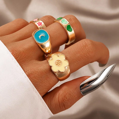 Large Gold Plated Colourful Pastel Fun Statement Ring Set