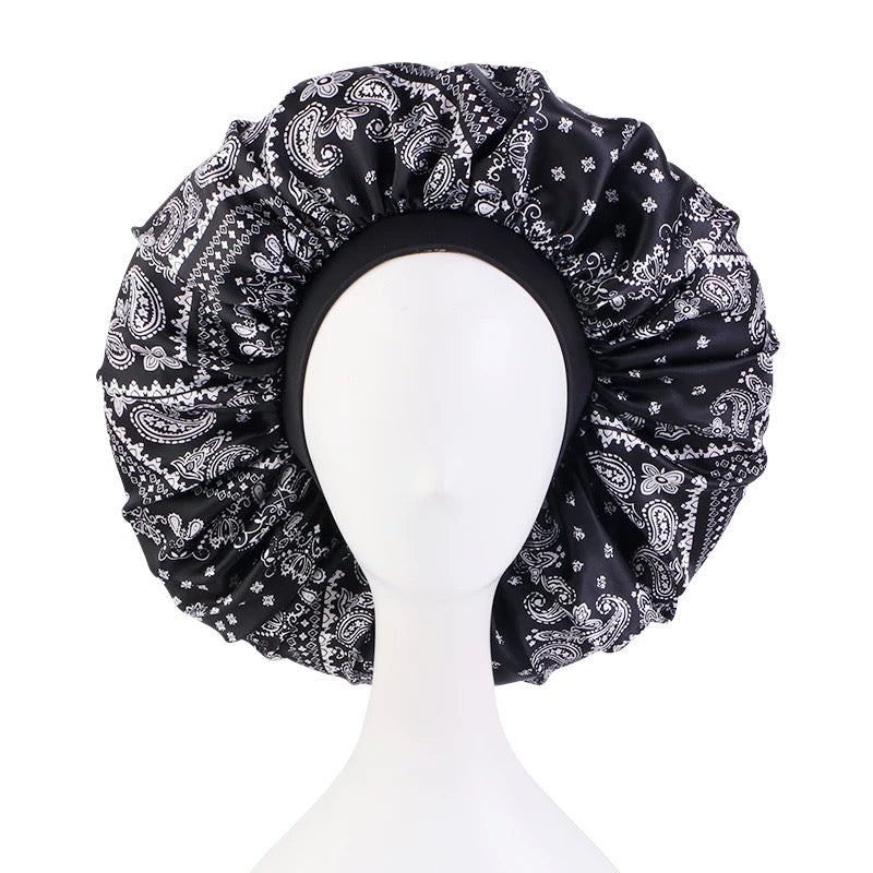 Black Elastic Band Printed Fabric Satin Silk Single Layered Bonnet Caps