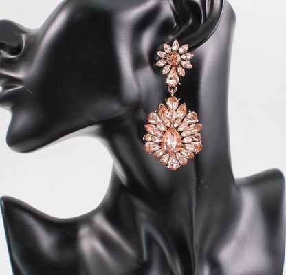 Elegant Diamante Rhinestone Sparkle Long Flower Drop Statement Earrings
