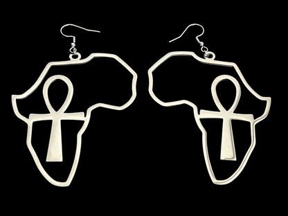 Large Africa Map Shaped Ankh Key Dangle Statement Earrings