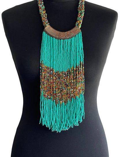 Authentic African Beaded Tribal Ethnic Fringe Tassel Brass Pendant Necklace