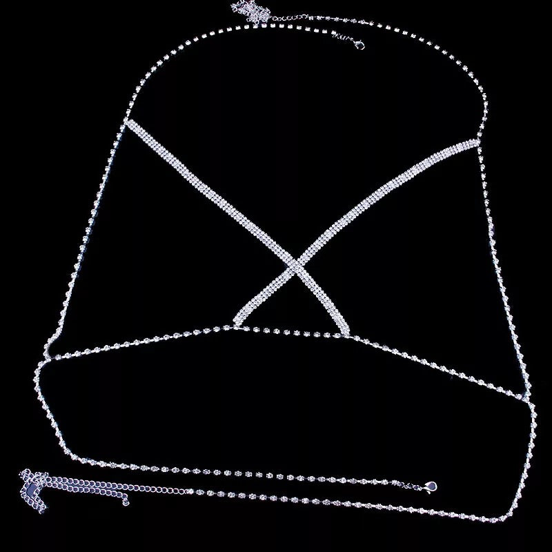 Crystal Rhinestone Double Layered Cross Bra Statement Body Chain Jewelle