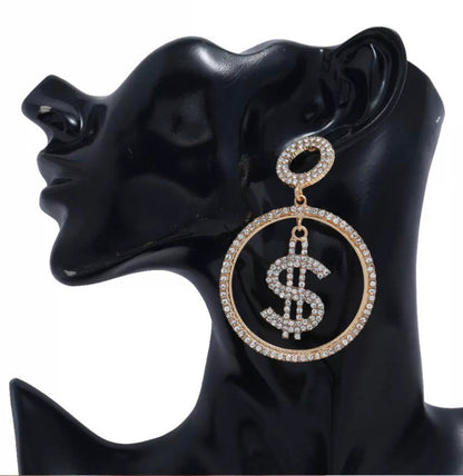 Dollar Sign Statement Diamante Rhinestone Dangle Earrings
