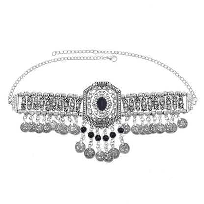 Bohemian Tribal Ethnic Rhinestone Tassels Coins Statement Choker Necklace