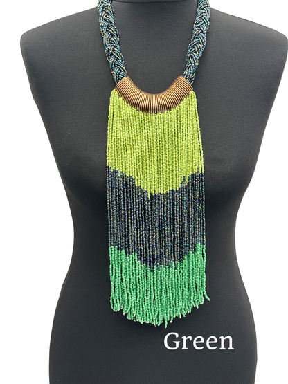 Authentic African Beaded Tribal Ethnic Fringe Tassel Brass Pendant Necklace