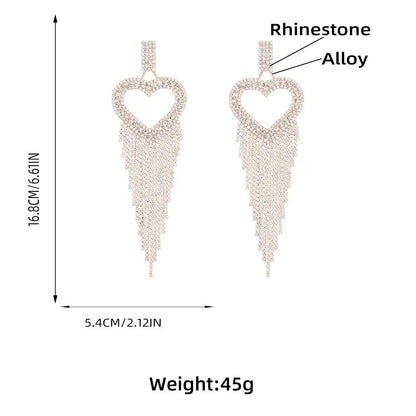 Glamorous Statement Diamante Heart Shaped Rhinestone Tassel Earrings