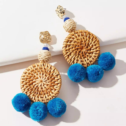 Straw Rattan Pom PomTassels Earrings