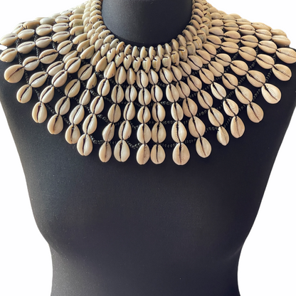 Authentic African Craftsmanship Ethnic Cowrie Sea Shell Beaded Collar Bib Neckla